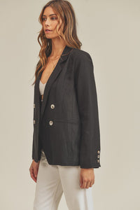 Boyfriend Fit Linen Blazer - Black
