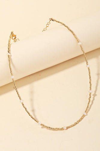 Seed Beaded Pearl Necklace - Gold