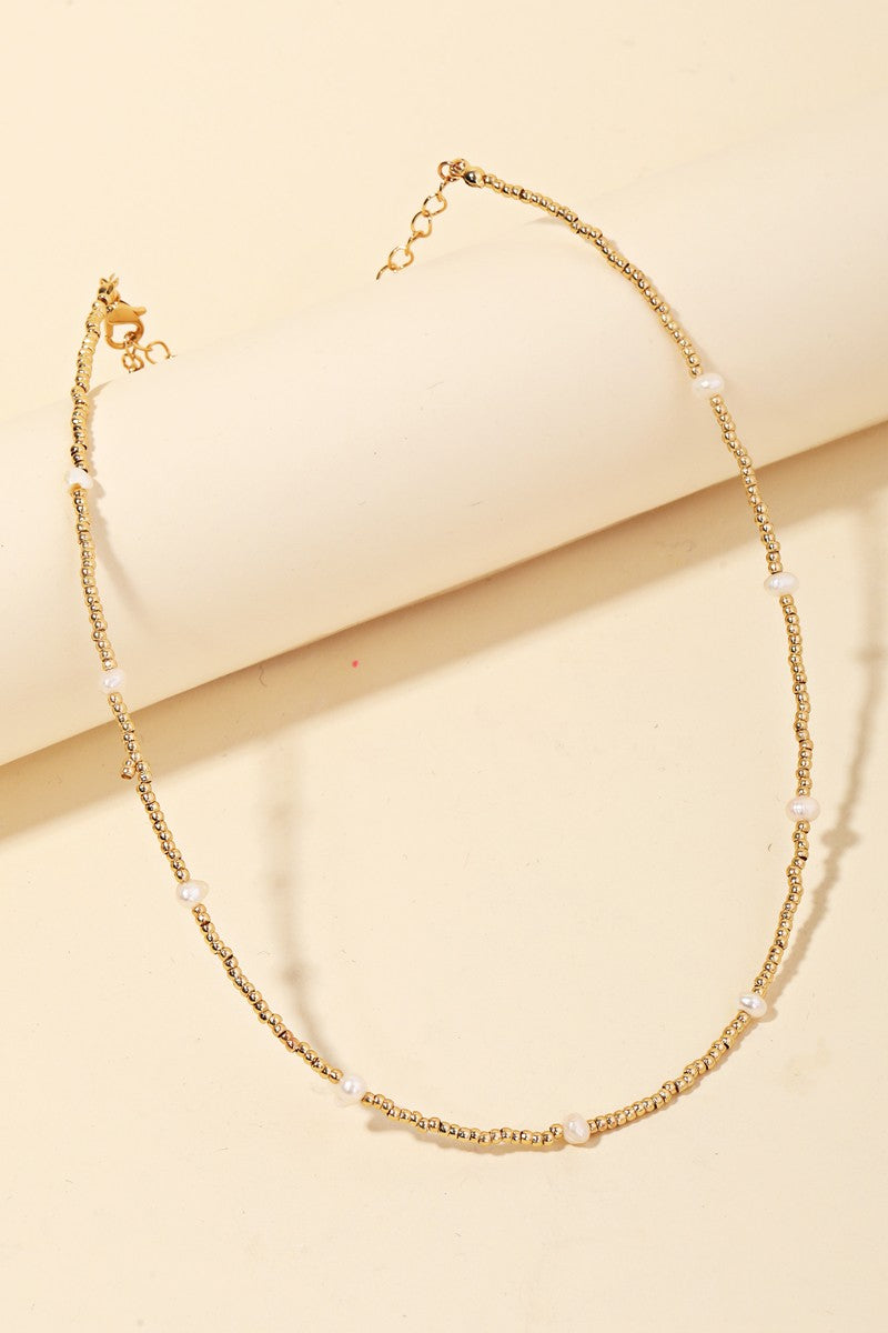 Seed Beaded Pearl Necklace - Gold