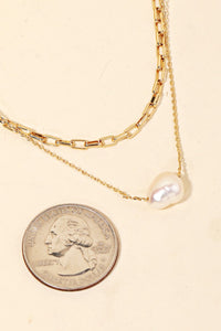 Layered Chain Pearl Charm Necklace - Gold