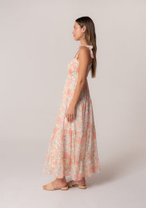 Floral Shoulder Tie Smocked Tiered Maxi Dress - Coral