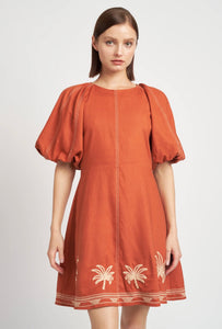 Bubble Sleeve Embroidered Dress