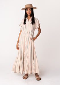 Striped Short Sleeve Collared Maxi Dress - Natural