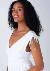 Gingham Sleeveless V Neck Tiered Midi Dress - White
