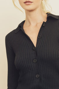 Collared Button-Down Knitted Top - Black