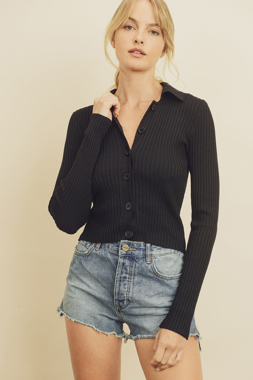 Collared Button-Down Knitted Top - Black
