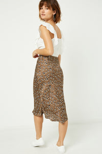 Satin Leopard Midi Skirt - Brown