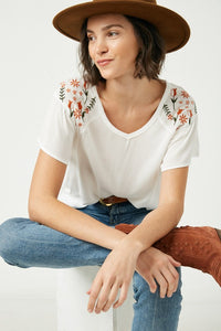 Embroidered Flutter Sleeve Top - Off White