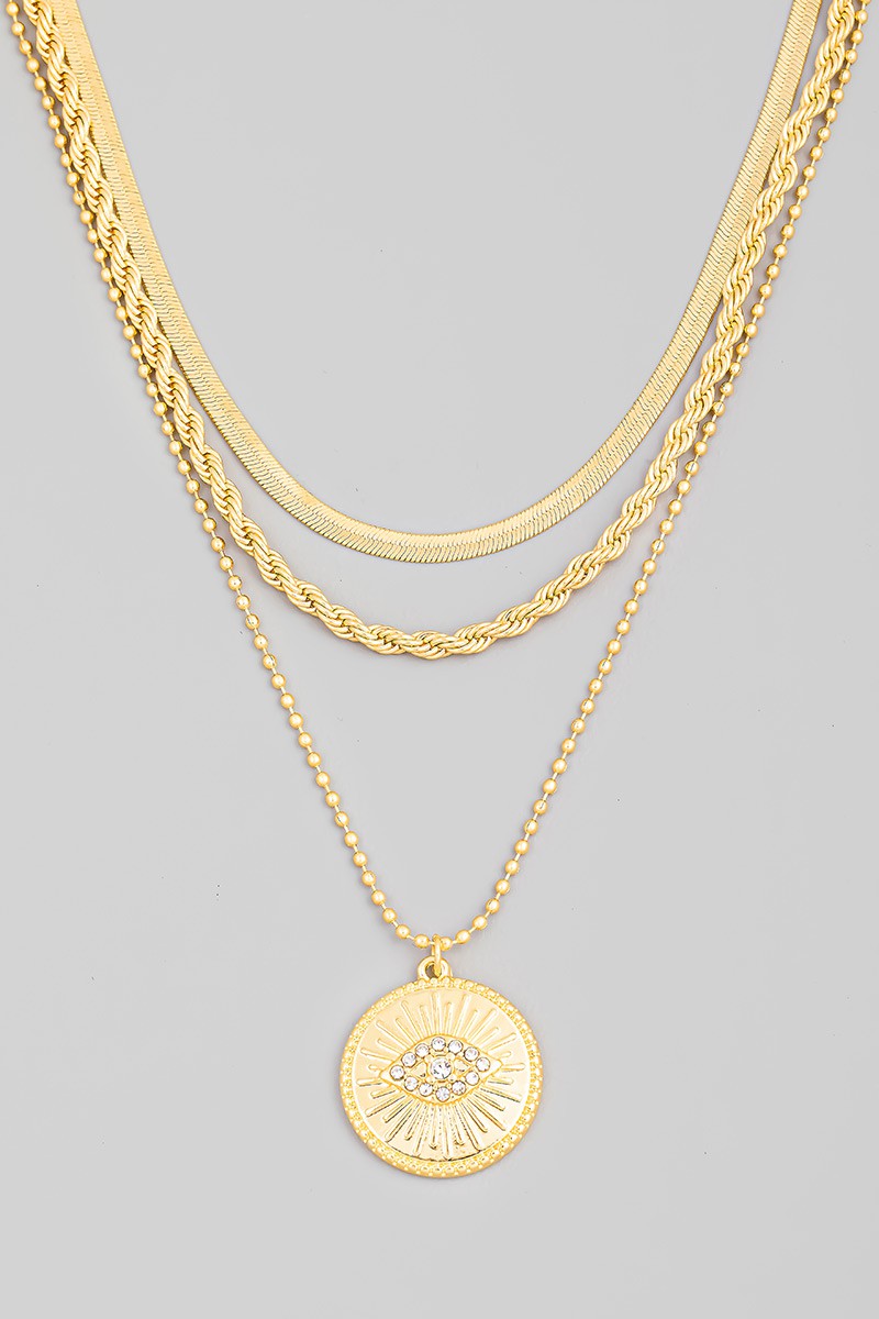 Layered Chain Evil Eye Coin Pendant Necklace - Gold