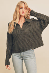 Chunky Knit Open Collar Sweater - Olive