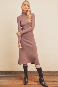 Turtleneck Flared Midi Knit Dress - Mauve