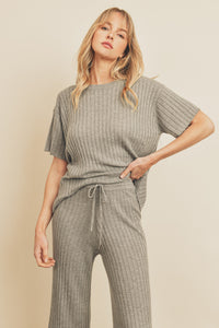 Cozy Ribbed Knit Tee - Cool Grey