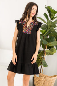 Knit Embroidered Flutter Sleeve Dress - Black