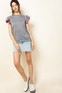 Embroidered Rib Knit Top - Gray