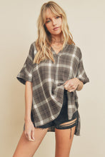 Load image into Gallery viewer, Dolman Sleeve Collarless Plaid Top - Grey Multi