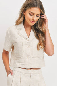 Notch Collar Tweed Crop Top - Ivory