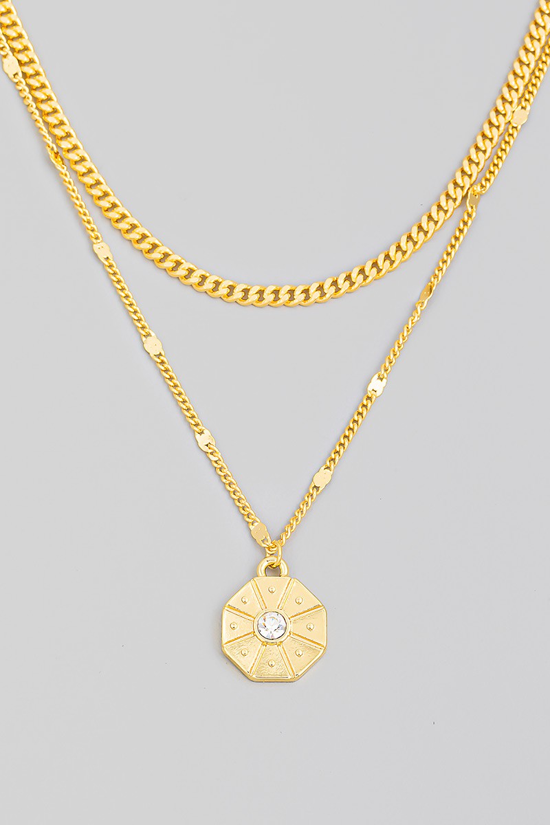 Layered Chain Octagon Pendant Necklace - Gold