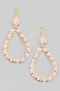 Stone Beaded Teardrop Cutout Earrings - Light Pink