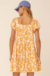 Floral Square Neck Babydoll Dress - Orange