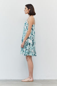 Ruffle Front Abstract Floral Mini Dress - Teal Dust