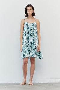 Ruffle Front Abstract Floral Mini Dress - Teal Dust