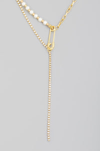 Rhinestone Chain Paper Clip Charm Y Necklace - Gold