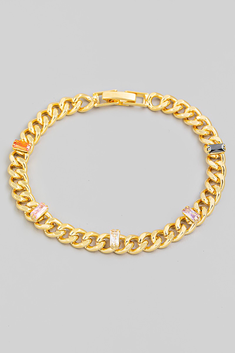 Multi Rhinestone Curb Chain Link Bracelet