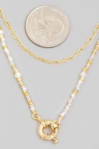 Layered Chain Beaded Circle Charm Necklace - Gold