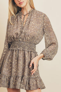 Smocked Waist Long Sleeve Mini Dress - Taupe/Lavender