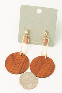 Square Wire w/Wood Disc Earrings - Brown