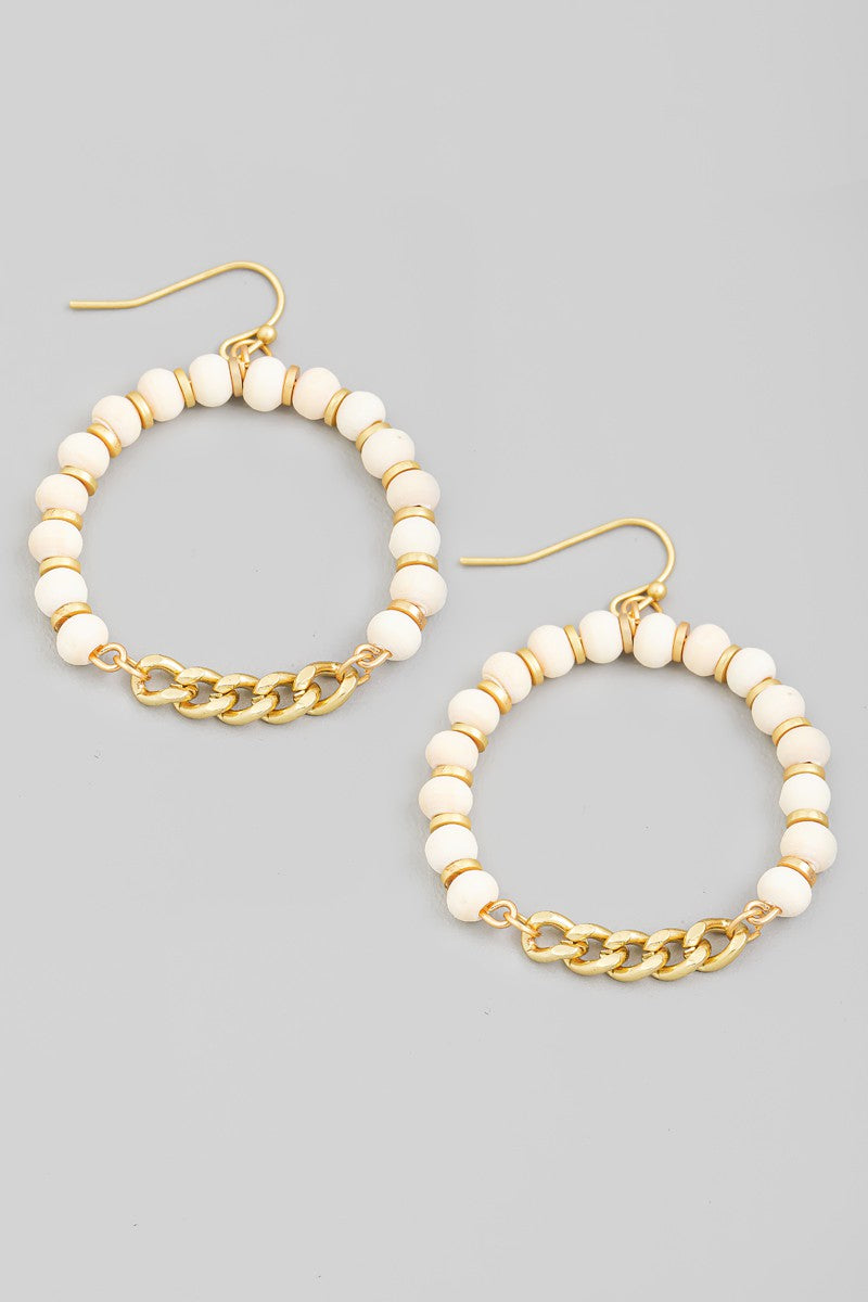 Circle Ball Beaded Chain Drop Earrings - Beige