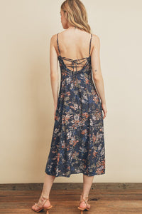 Open Back Floral Print Midi Dress - Dark Navy/Multi