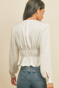Ruched & Shirred Satin Blouse - Pearl