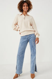 Cable Knit Exaggerated Band Button Collar Top - Cream
