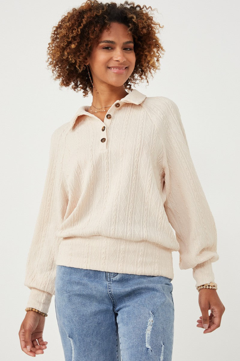 Cable Knit Exaggerated Band Button Collar Top - Cream