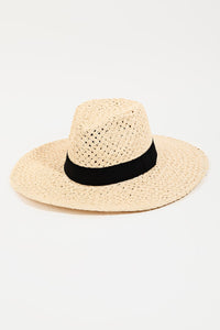 Black Ribbon Straw Hat - Tan