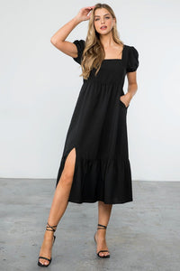 Puff Sleeve Midi Dress - Black