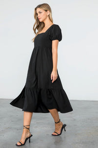 Puff Sleeve Midi Dress - Black