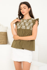Sleeveless Embroidered Stripe Top - Olive