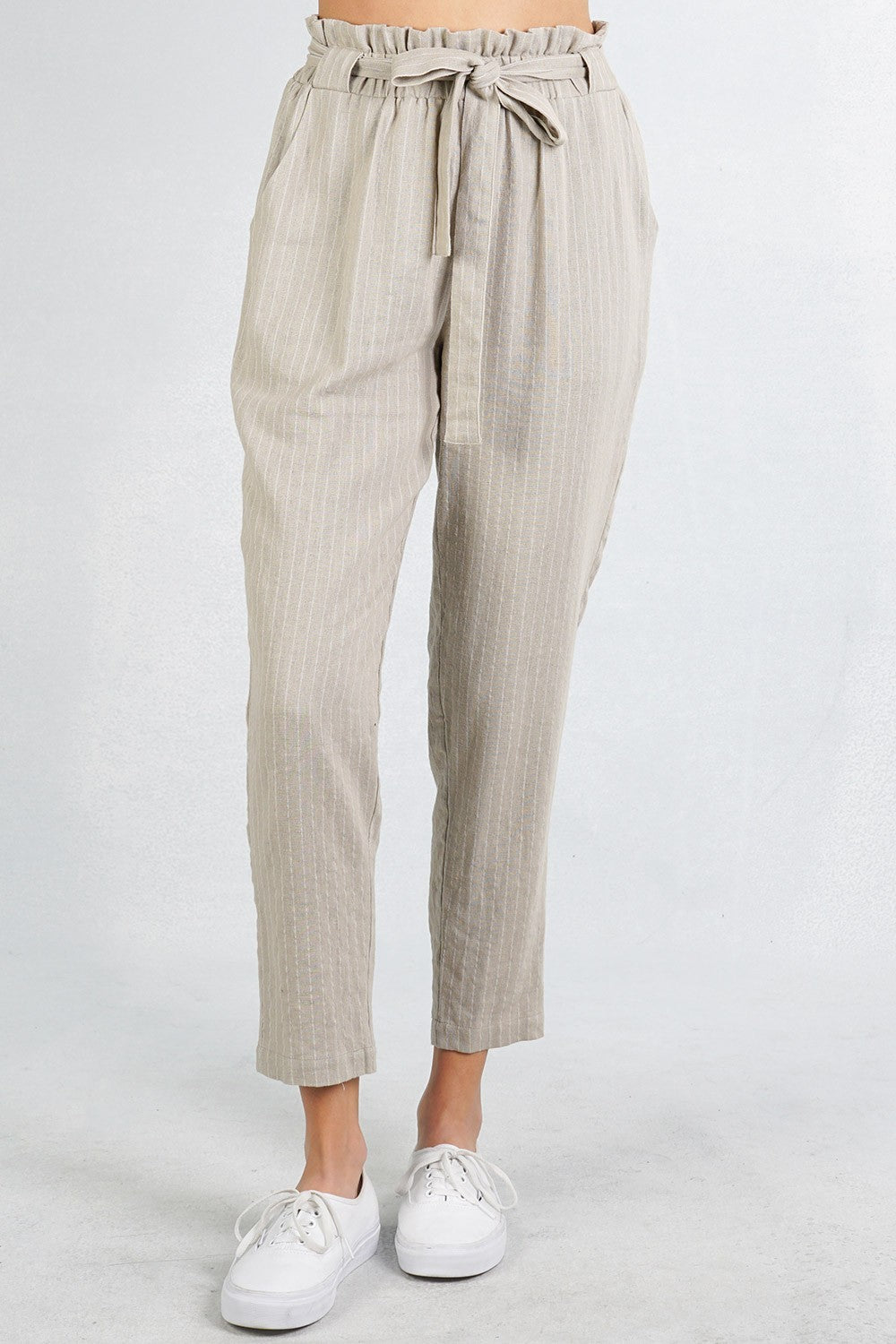 Stripe Paper Bag Pants - Khaki
