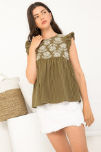 Load image into Gallery viewer, Sleeveless Embroidered Stripe Top - Olive
