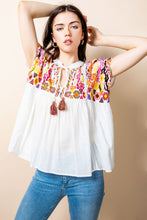 Load image into Gallery viewer, Embroidered V-Neck Top w/Tassel Tie - White