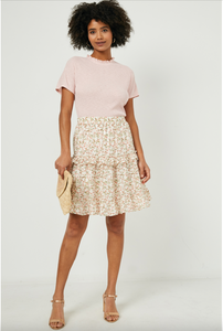 Floral Tiered Short Midi Skirt - Off White