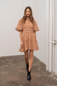 Grid Print Bubble Sleeve Mini Dress - Tan