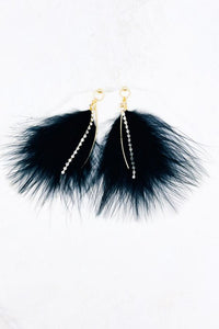 Feather Rhinestone Earrings - Black